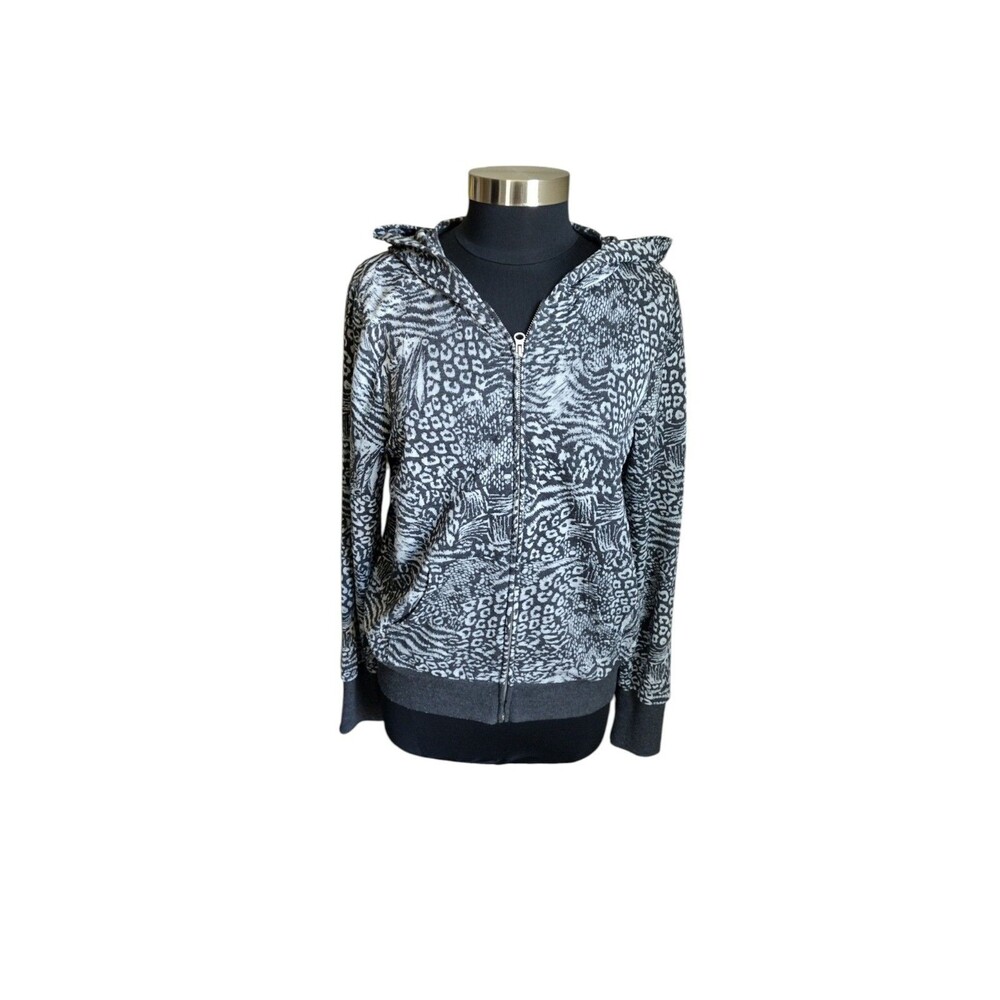 Currants By Jeri Jo Size L Grey Black Animal Print Lightweight Zip-up Hoodie